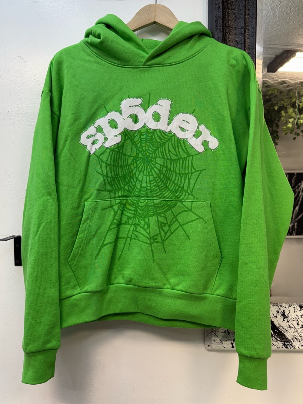 Sp5der faded green Rhinestone Hoodie